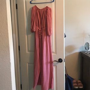 Pink striped off-the-shoulder jumpsuit